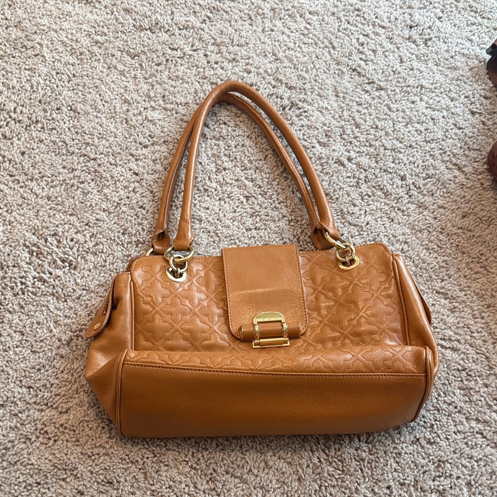 ANTONIO MELANI Caramel Tan Quilted Leather Shoulder Bag with Gold Hardware